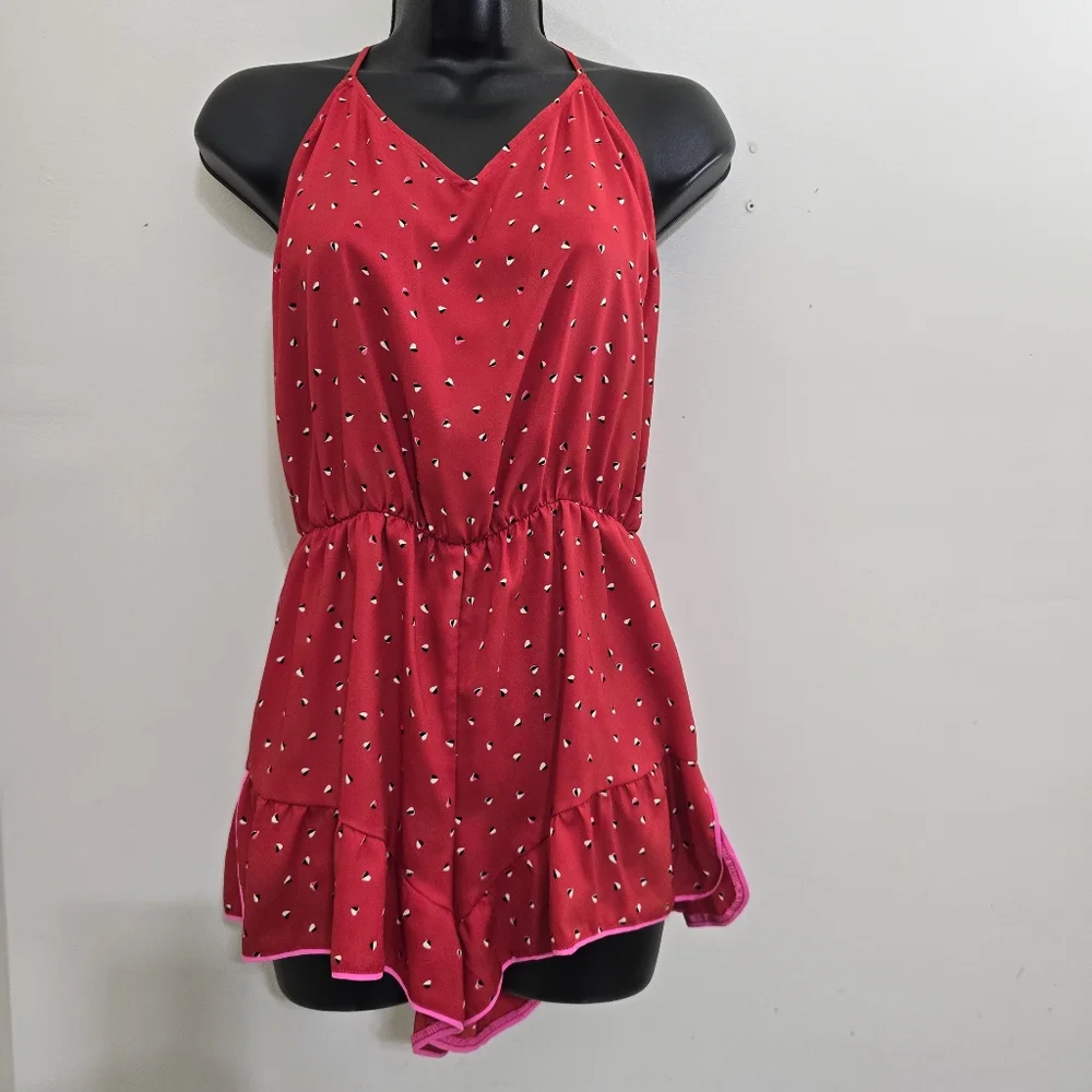 VICTORIA'S SECRET size Small Heart Print Sleep Lounge V Neck Romper Red - Picture 2 of 12
